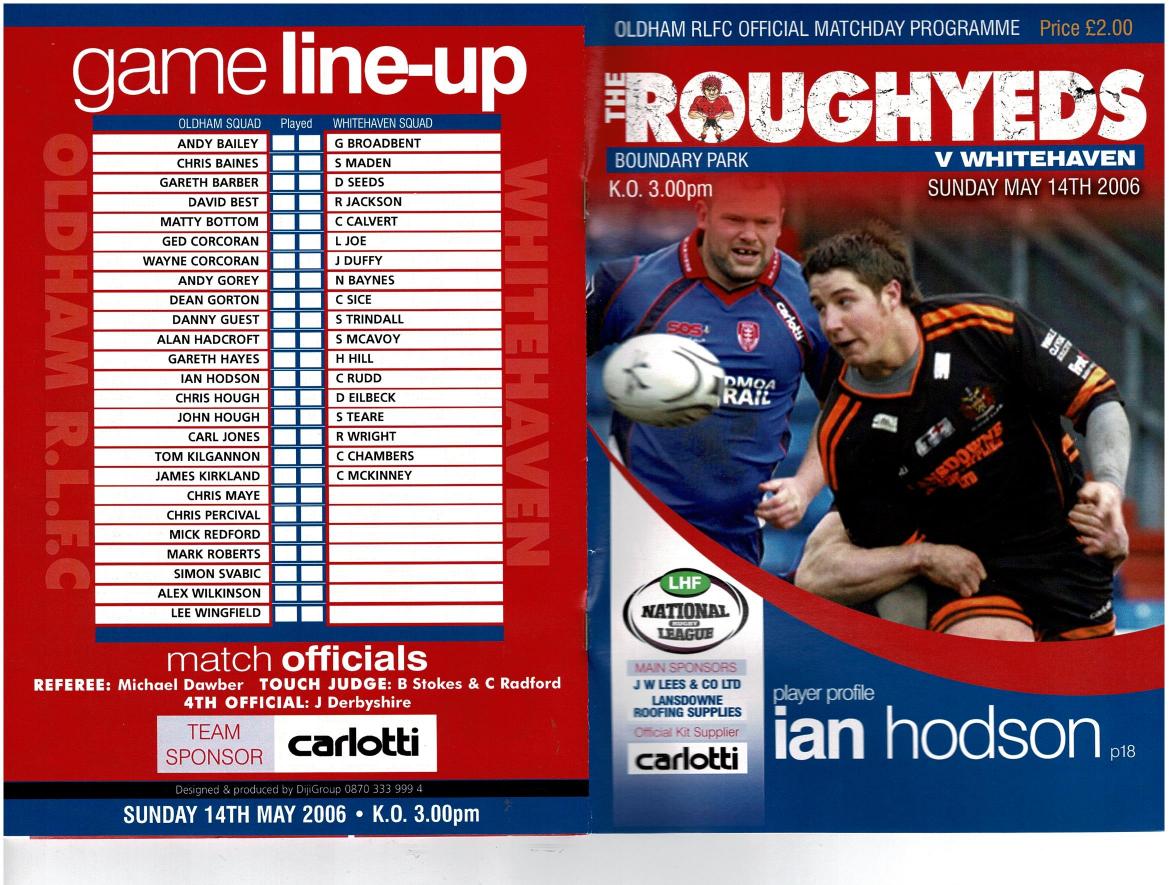 Programme cover: Oldham v Whitehaven Warriors, 14 May 2006