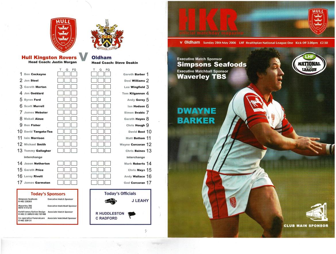 Programme cover: Oldham v Hull Kingston Rovers, 28 May 2006