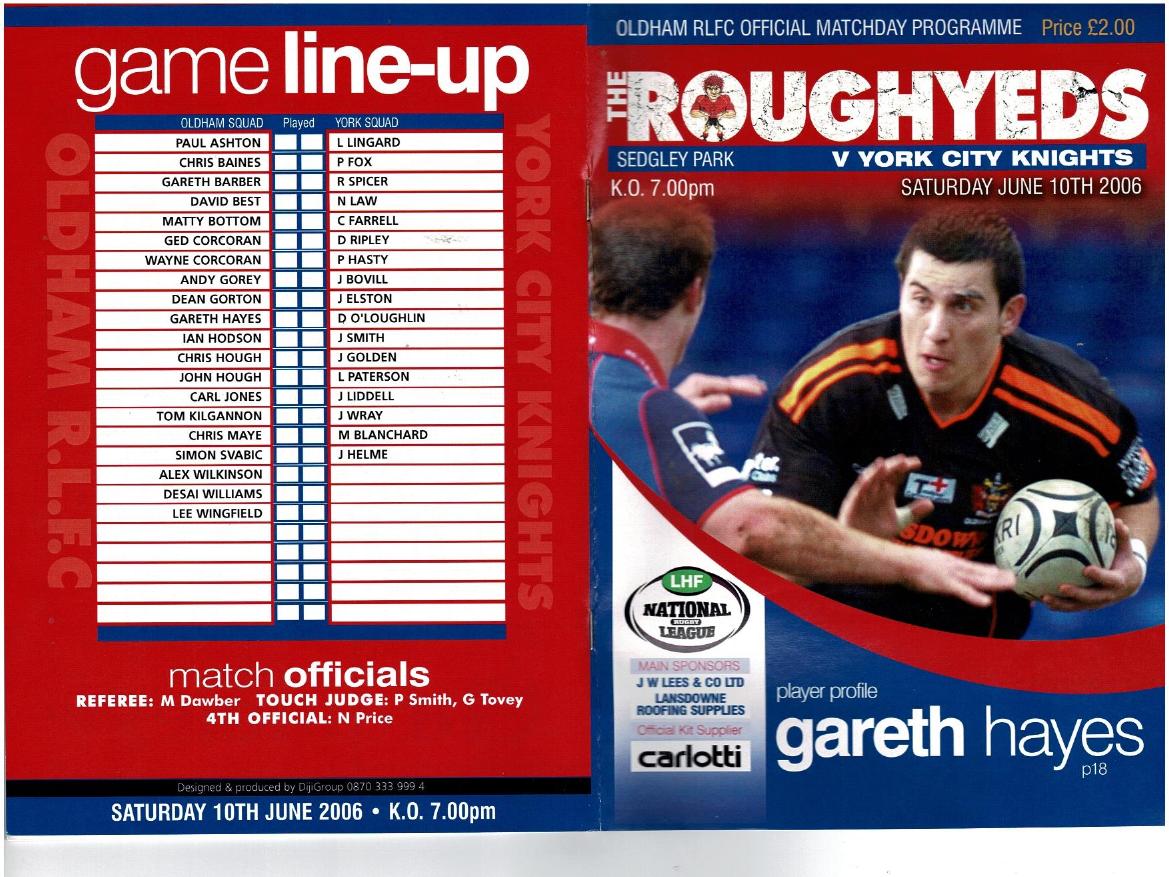 Programme cover: Oldham v York Knights, 10 June 2006