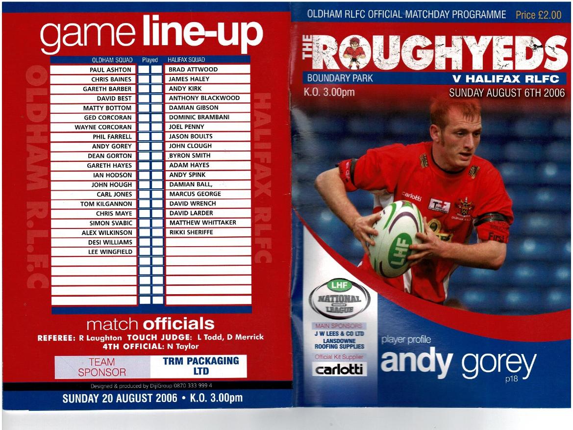 Programme cover: Oldham v Halifax Bue Sox, 6 August 2006
