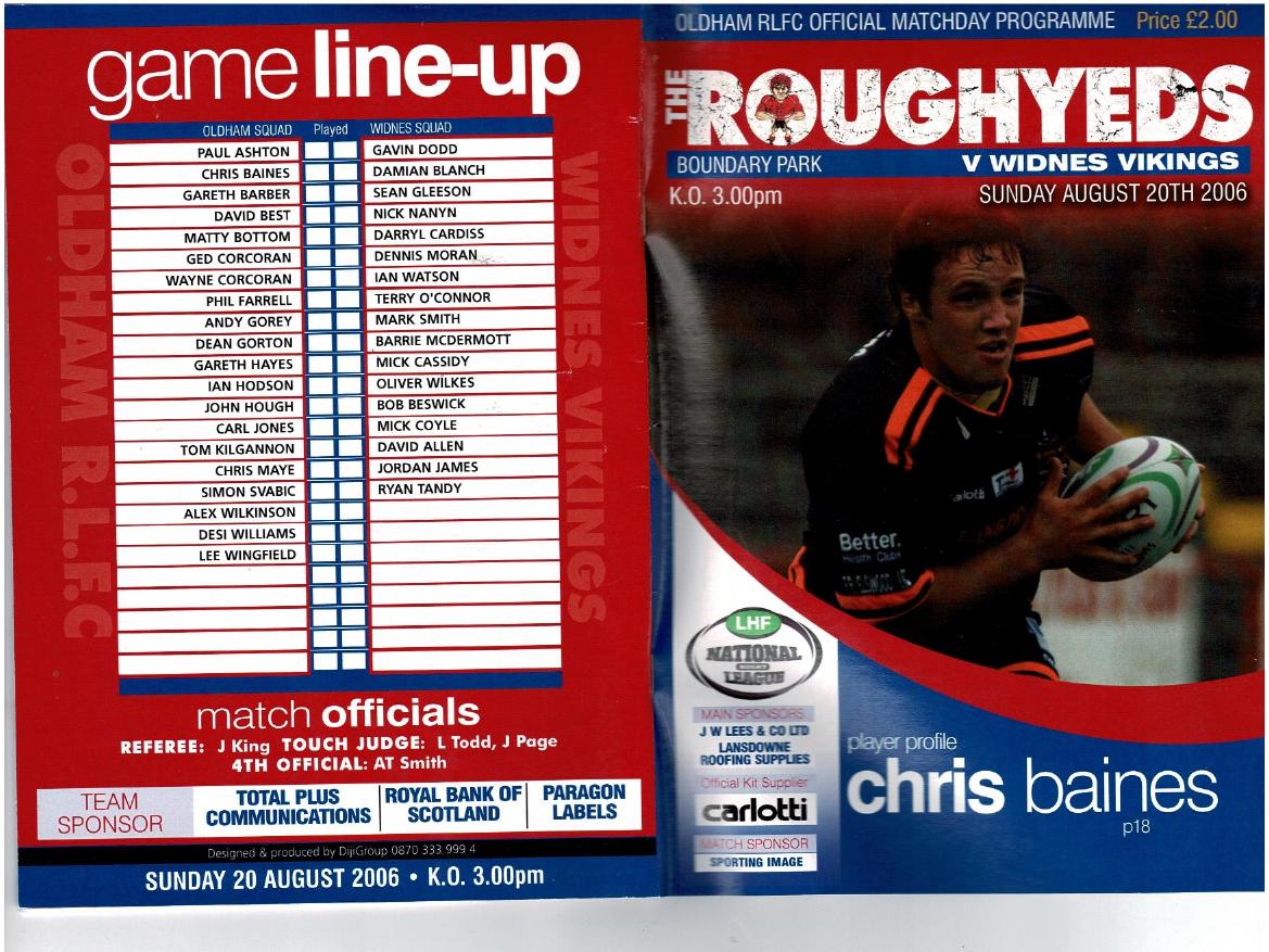 Programme cover: Oldham v Widnes Vikings, 20 August 2006