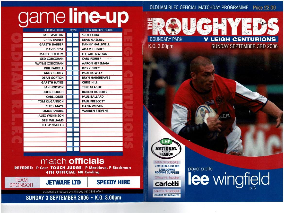 Programme cover: Oldham v Leigh Centurions, 3 September 2006