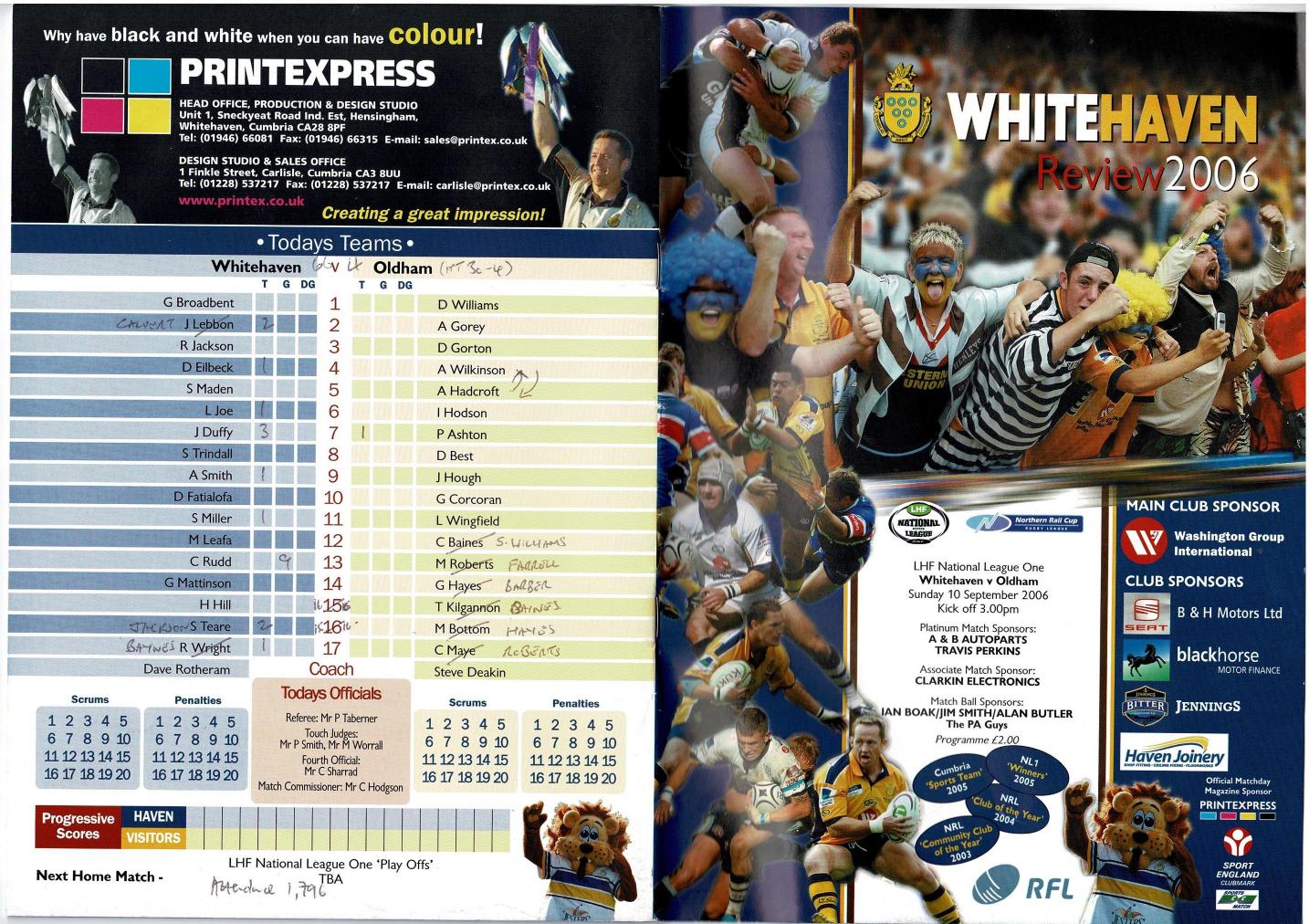 Programme cover: Oldham v Whitehaven Warriors, 10 September 2006