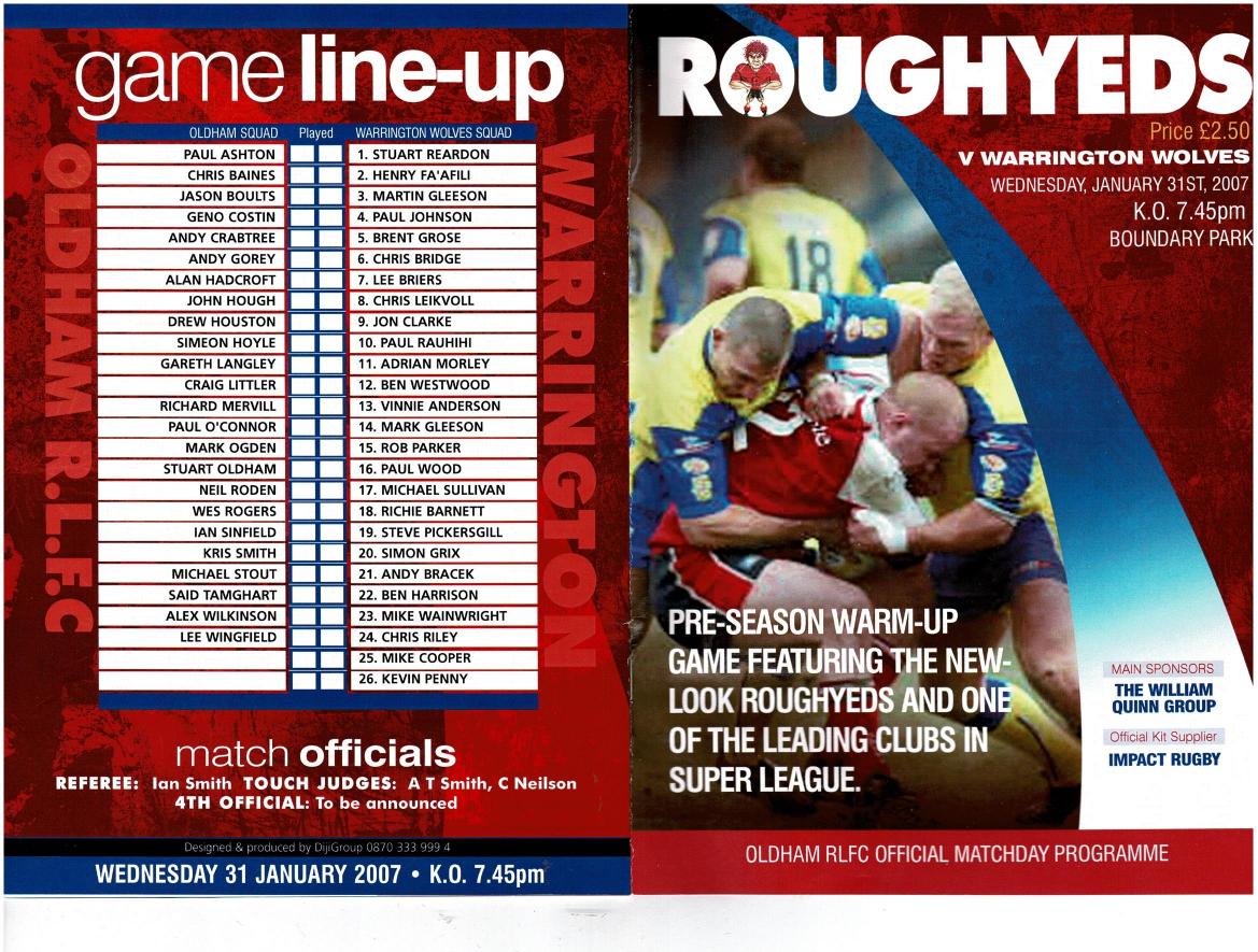 Programme cover: Oldham v Warrington Wolves, 31 January 2007
