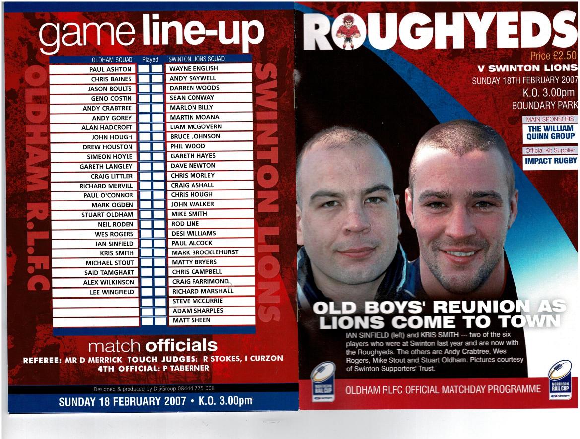 Programme cover: Oldham v Swinton Lions, 18 February 2007