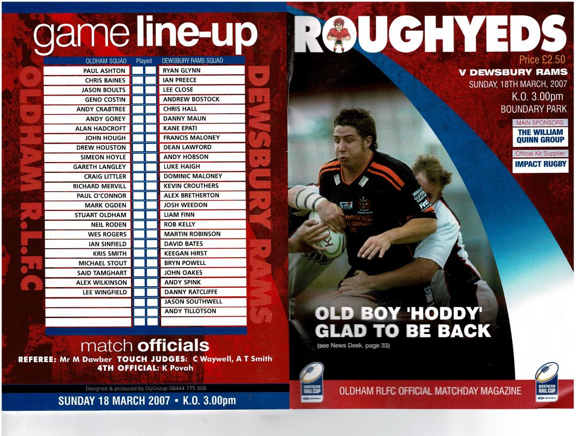 Programme cover: Oldham v Dewsbury Rams, 18 March 2007