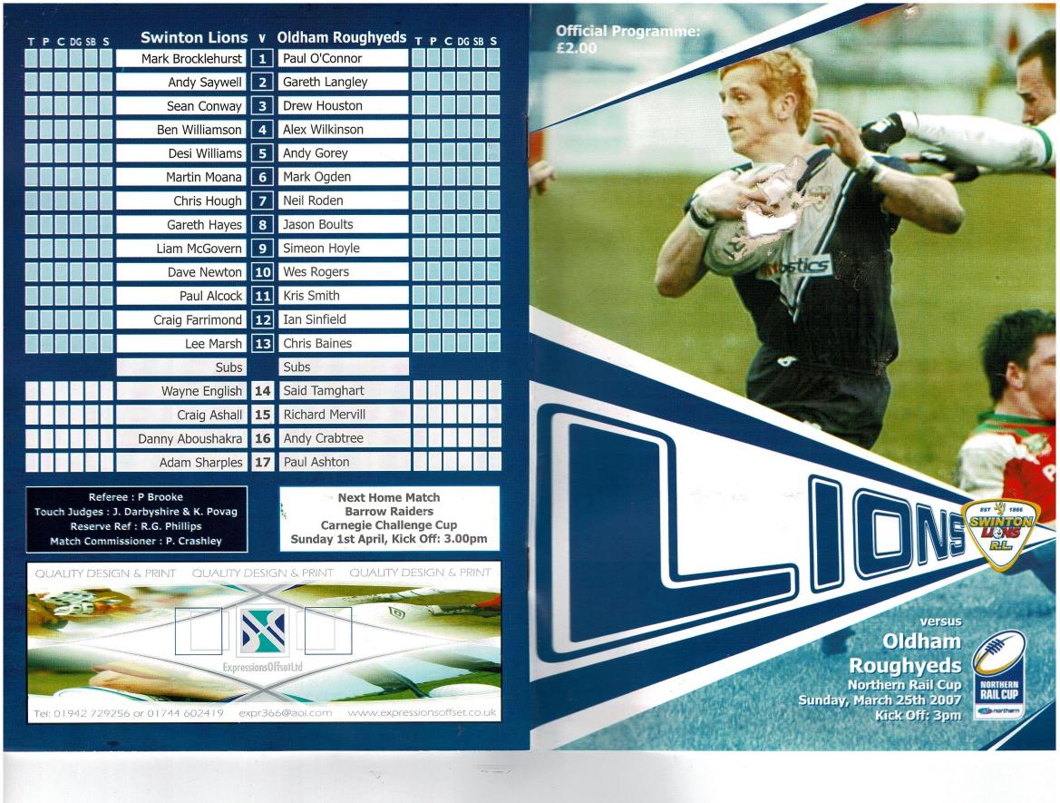 Programme cover: Oldham v Swinton Lions, 25 March 2007