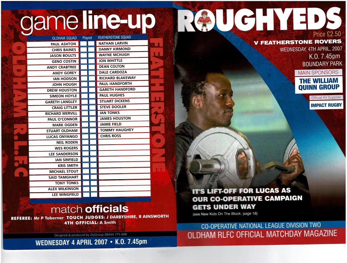 Programme cover: Oldham v Featherstone Rovers, 4 April 2007