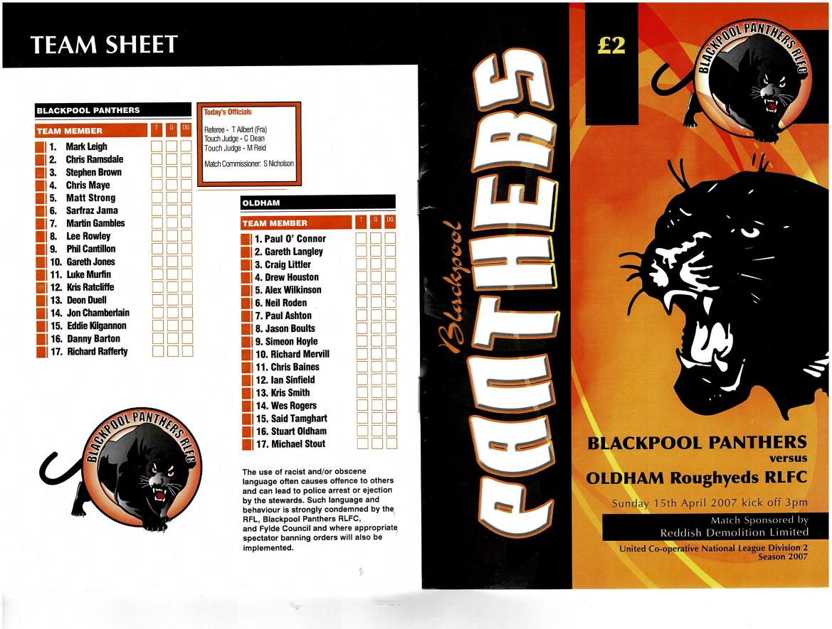 Programme cover: Oldham v Blackpool Panthers, 15 April 2007