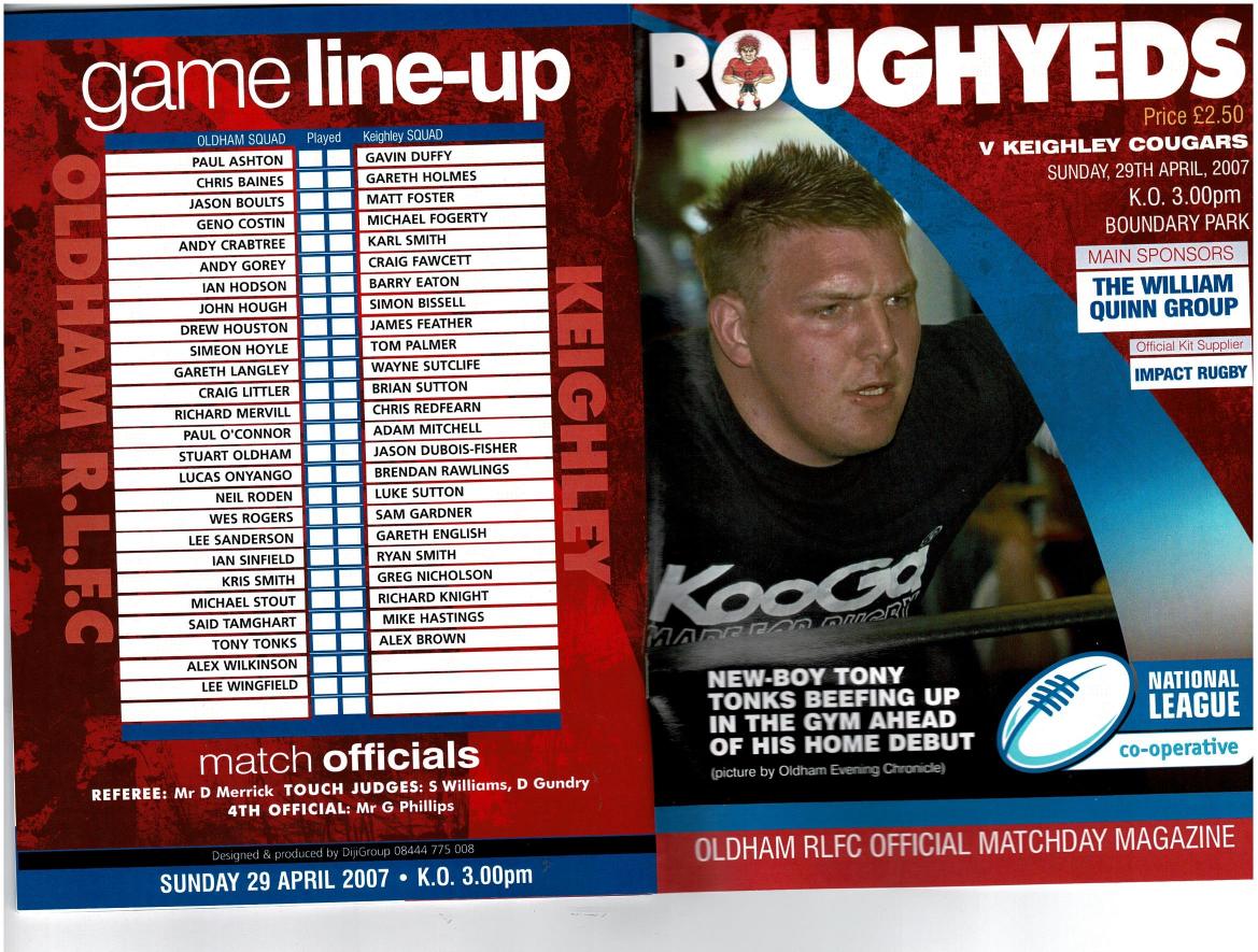 Programme cover: Oldham v Keighley Cougars, 29 April 2007