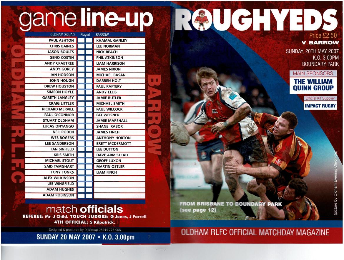 Programme cover: Oldham v Barrow Border Raiders, 20 May 2007