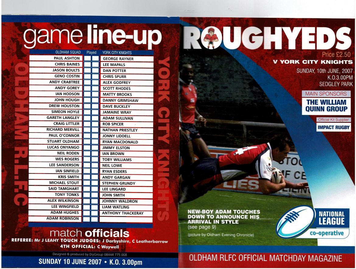 Programme cover: Oldham v York Knights, 10 June 2007