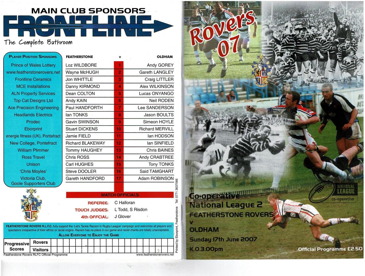 Programme cover: Oldham v Featherstone Rovers, 17 June 2007