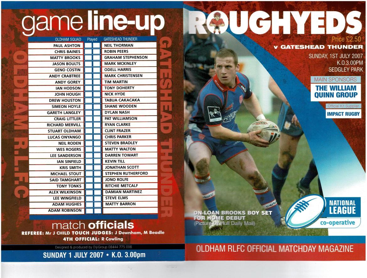 Programme cover: Oldham v Gateshead Thunder, 1 July 2007