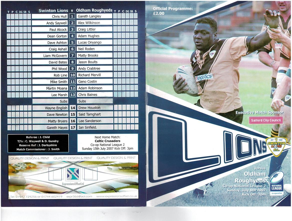 Programme cover: Oldham v Swinton Lions, 8 July 2007