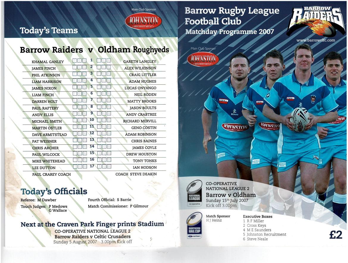 Programme cover: Oldham v Barrow Border Raiders, 15 July 2007