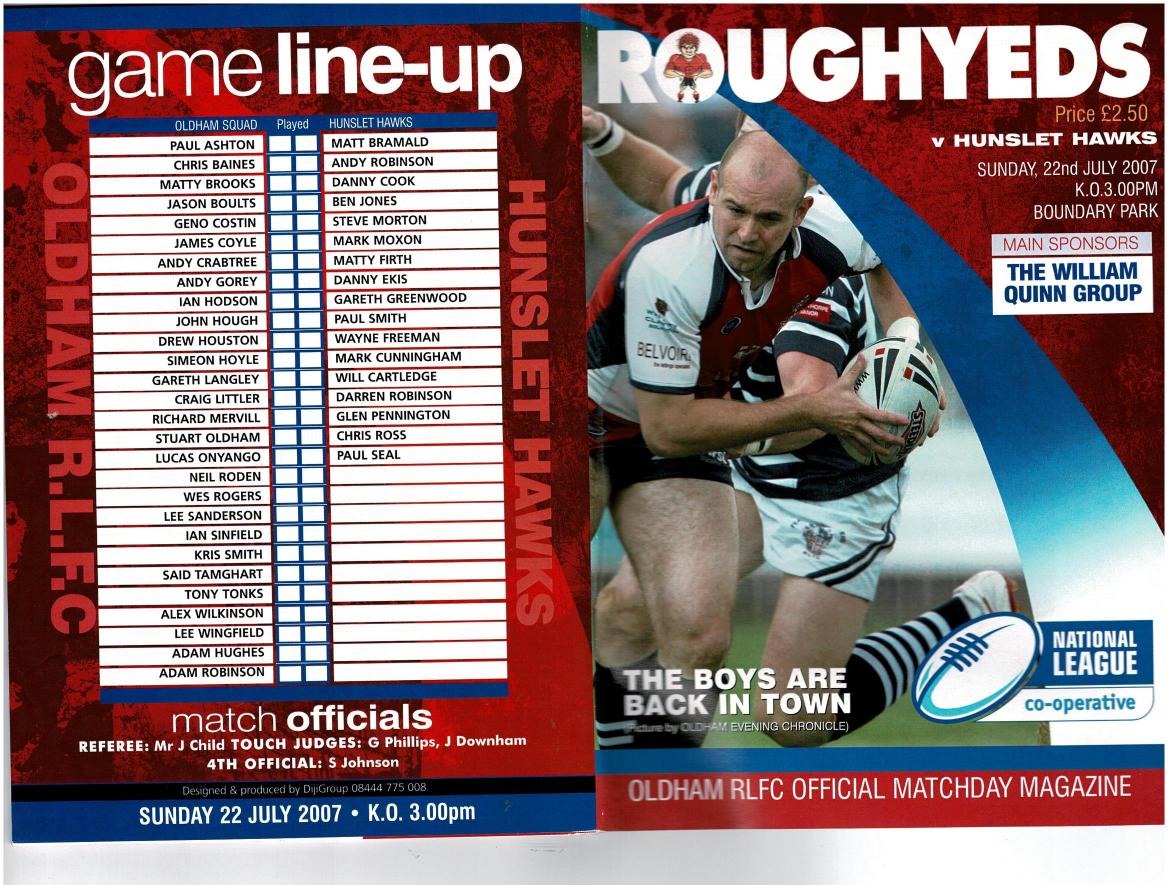 Programme cover: Oldham v Hunslet Hawks, 22 July 2007