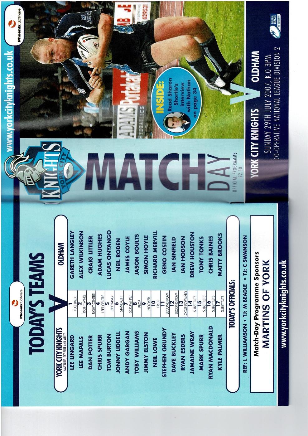 Programme cover: Oldham v York Knights, 29 July 2007