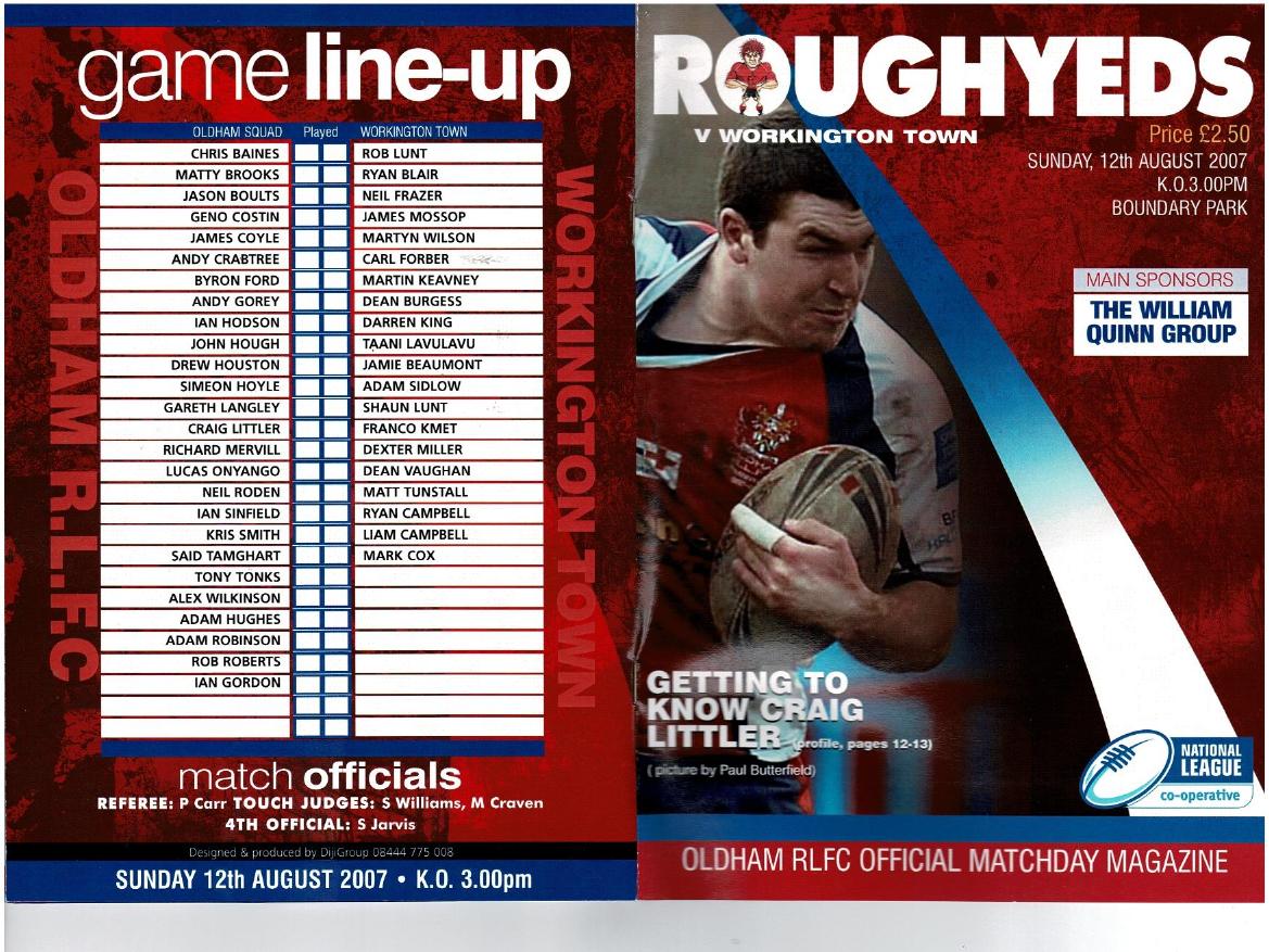 Programme cover: Oldham v Workington Town, 12 August 2007