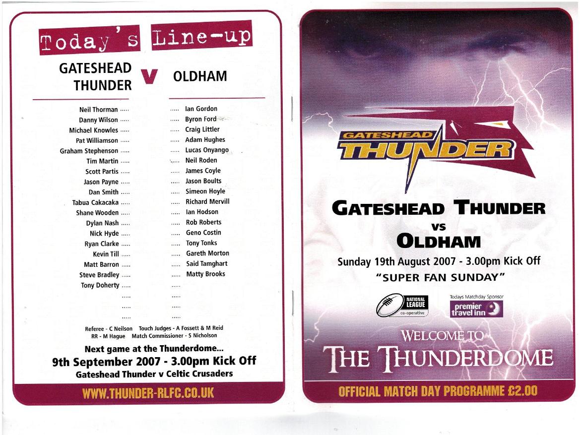 Programme cover: Oldham v Gateshead Thunder, 19 August 2007