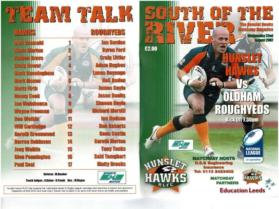 Programme cover: Oldham v Hunslet Hawks, 22 August 2007