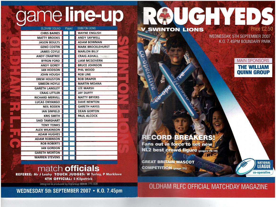 Programme cover: Oldham v Swinton Lions, 5 September 2007