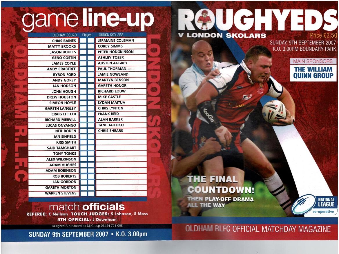 Programme cover: Oldham v London Skolars, 9 September 2007