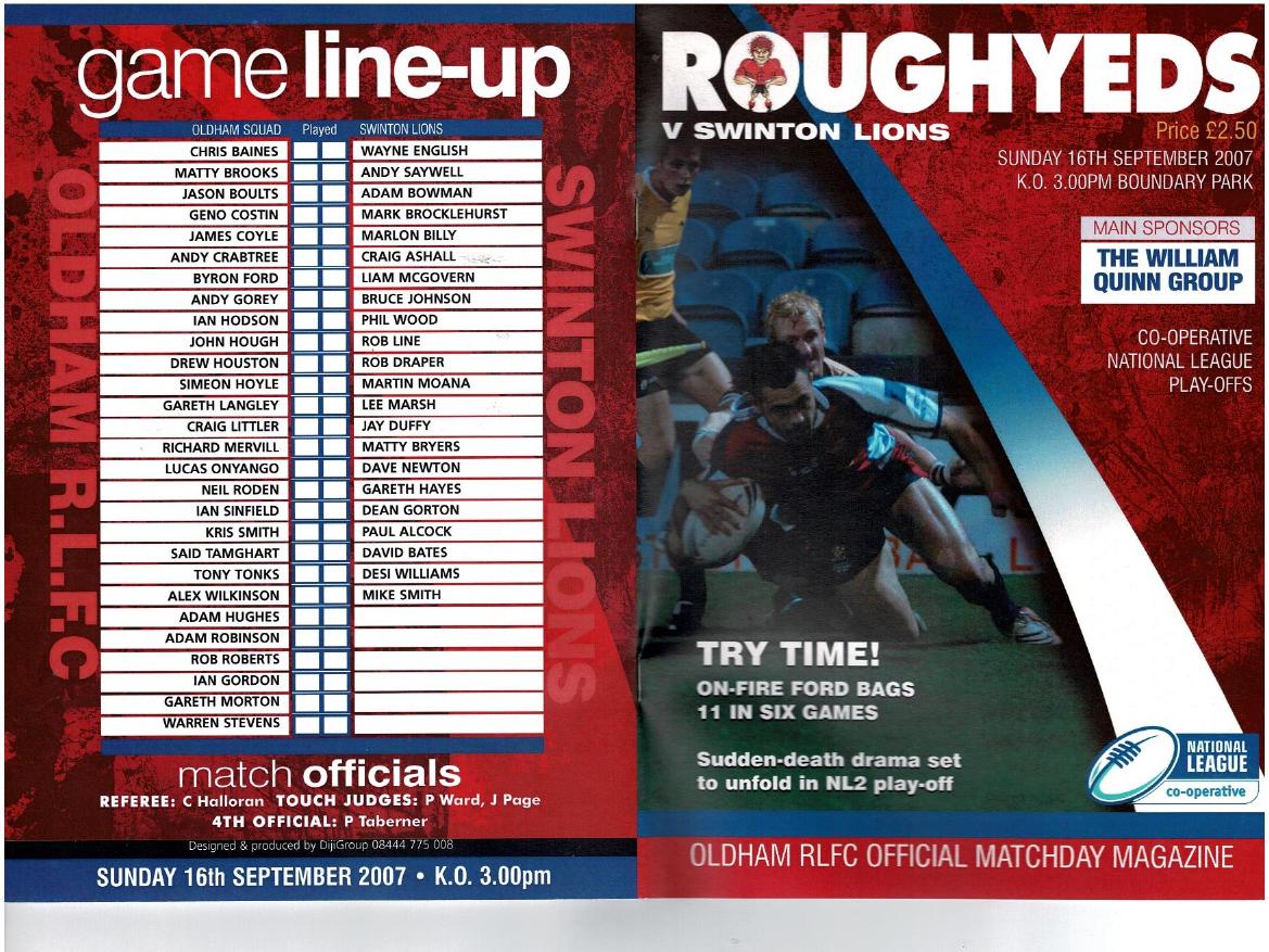 Programme cover: Oldham v Swinton Lions, 16 September 2007