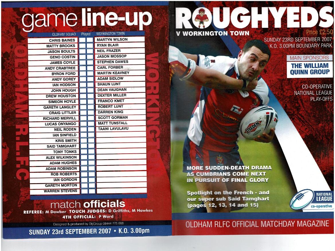 Programme cover: Oldham v Workington Town, 23 September 2007