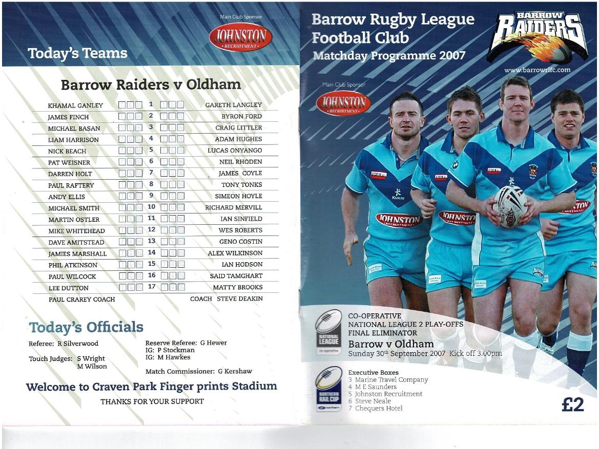 Programme cover: Oldham v Barrow Border Raiders, 30 September 2007