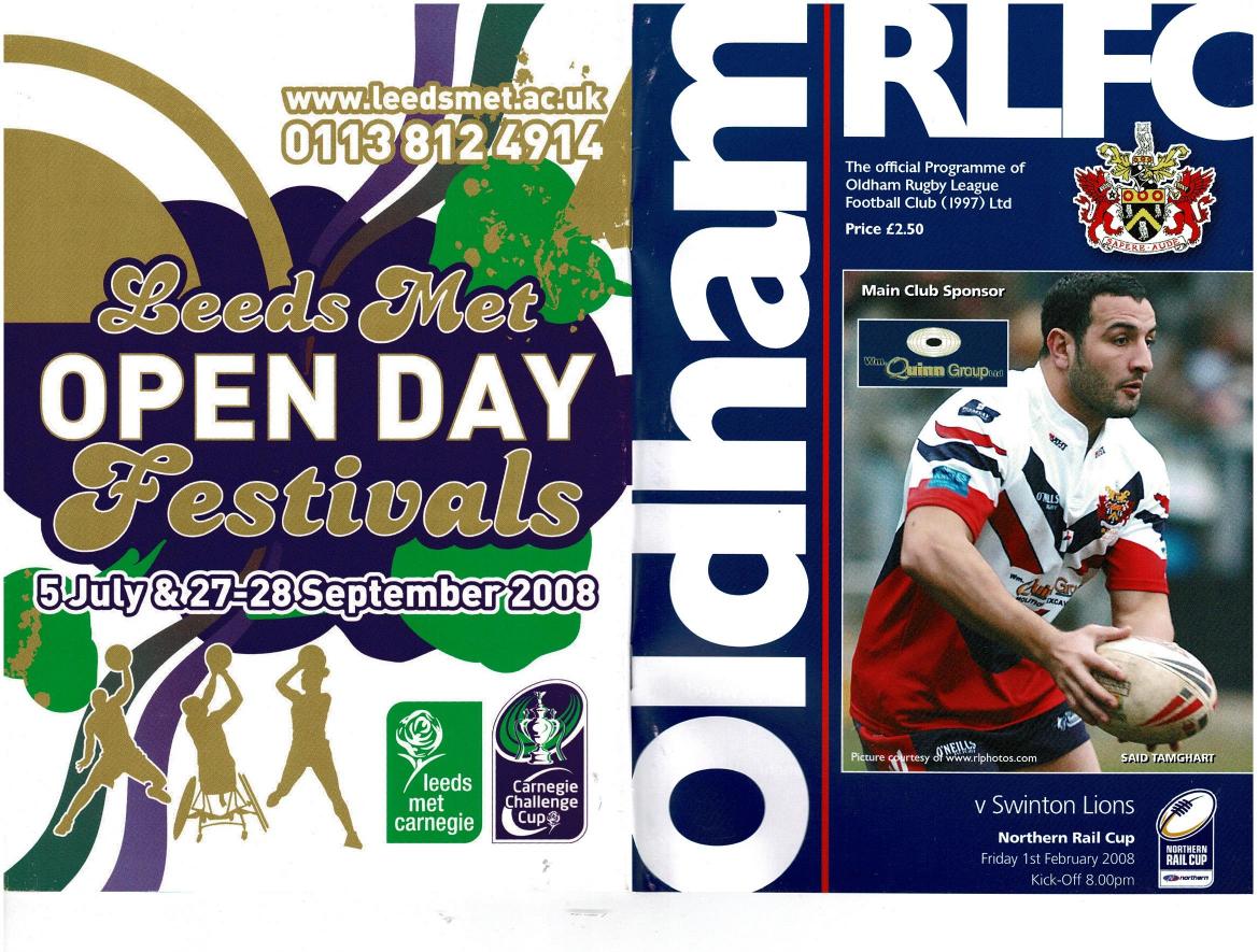 Programme cover: Oldham v Swinton Lions, 1 February 2008