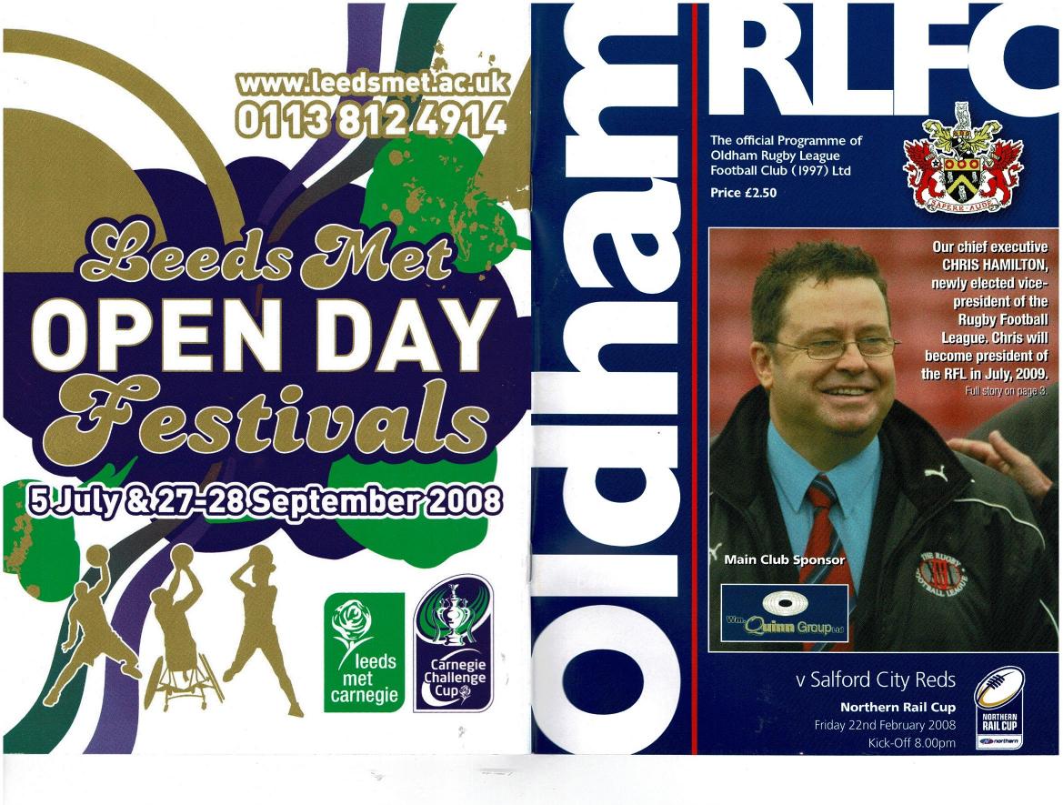 Programme cover: Oldham v Salford City Reds, 22 February 2008