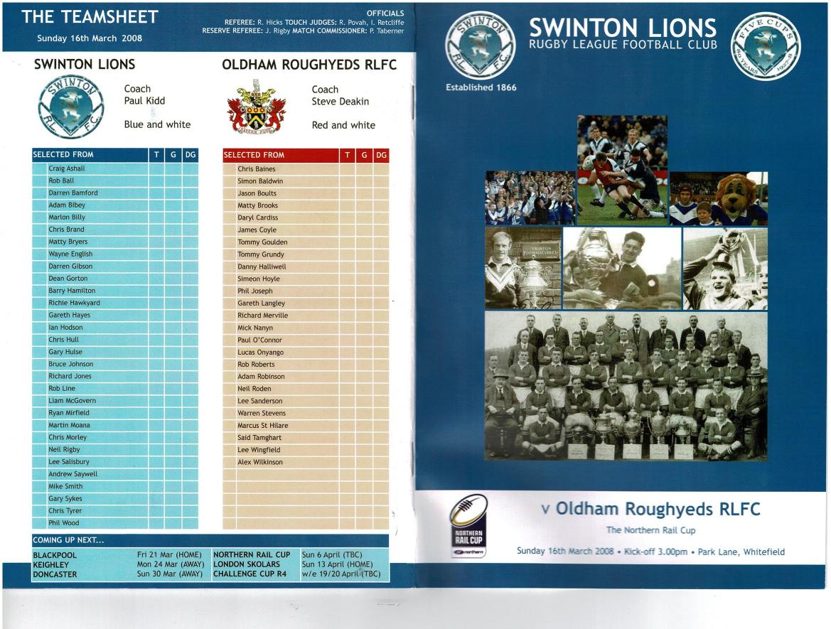Programme cover: Oldham v Swinton Lions, 16 March 2008