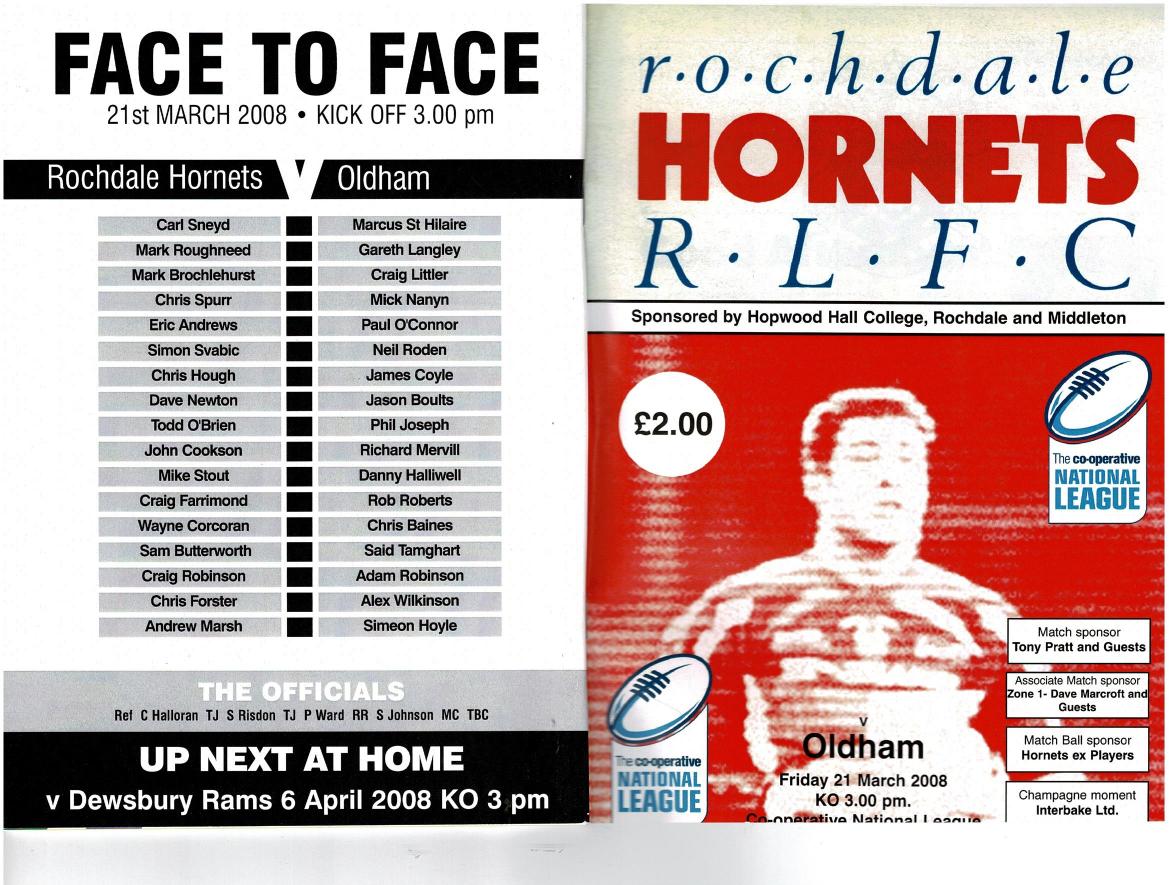 Programme cover: Oldham v Rochdale Hornets, 21 March 2008