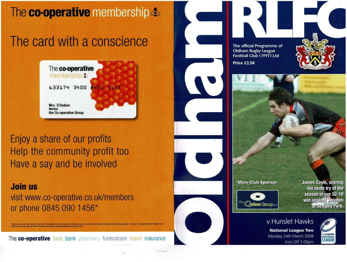 Programme cover: Oldham v Hunslet Hawks, 24 March 2008