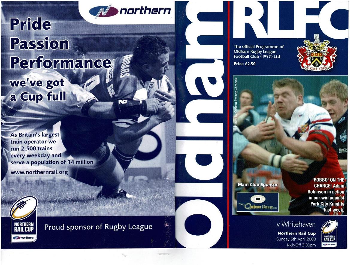 Programme cover: Oldham v Whitehaven Warriors, 6 April 2008