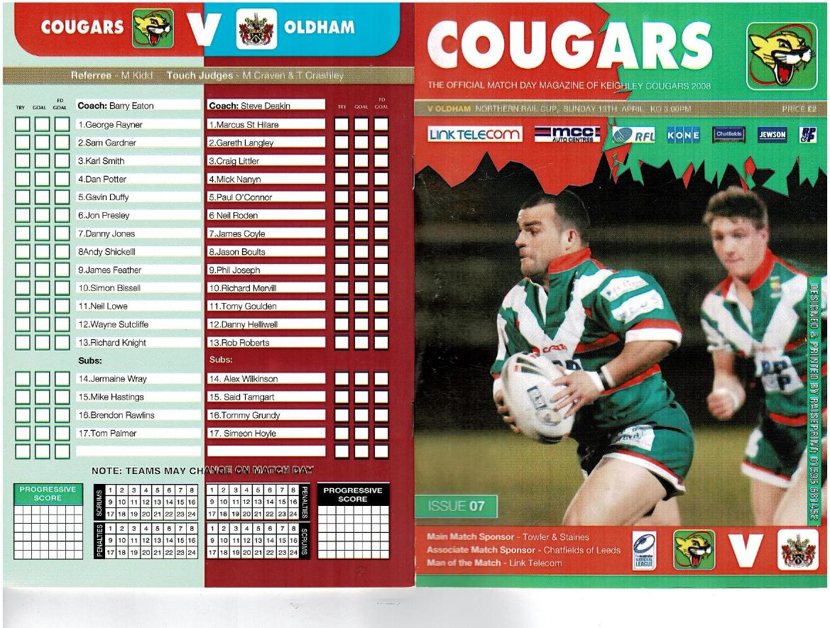 Programme cover: Oldham v Keighley Cougars, 13 April 2008