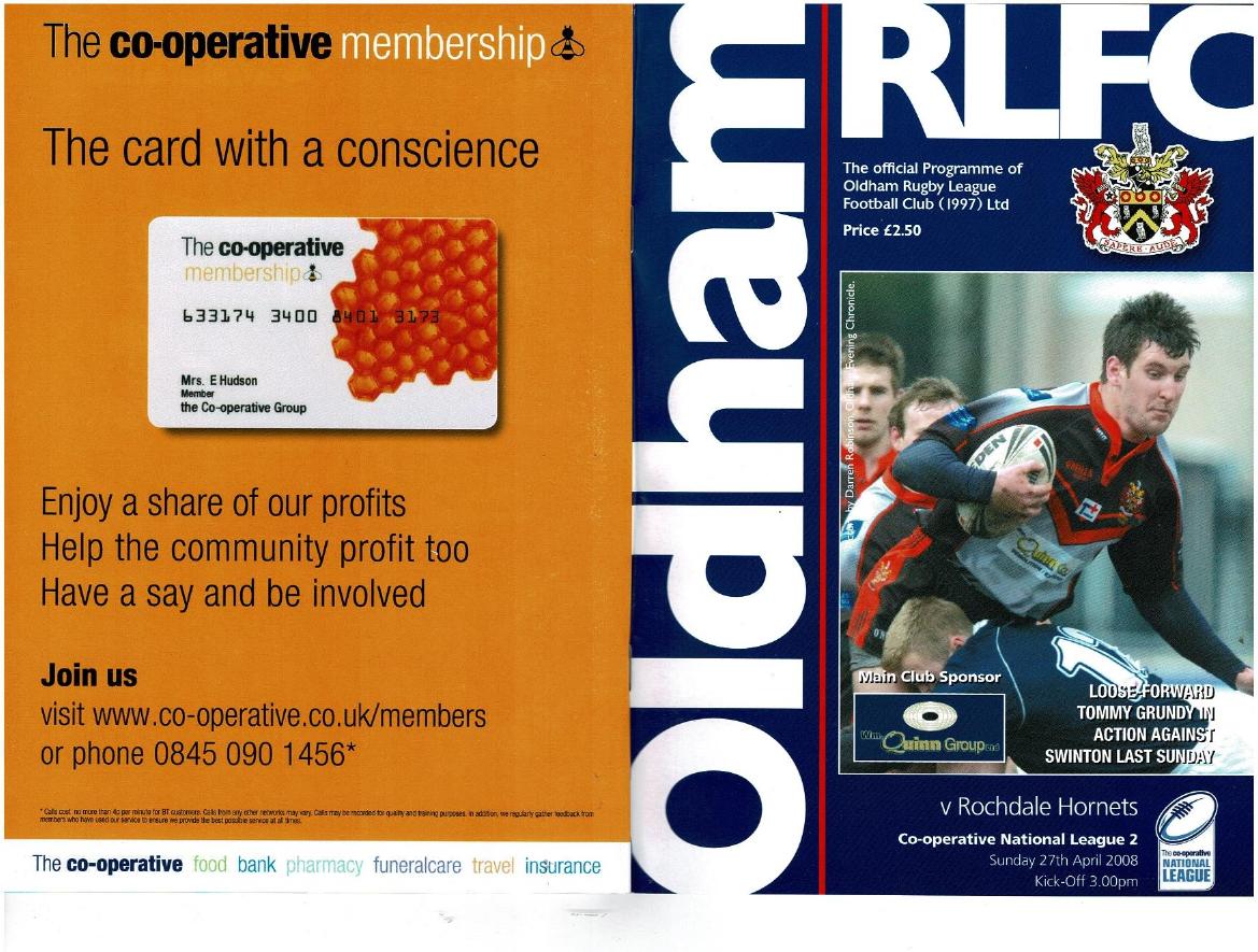 Programme cover: Oldham v Rochdale Hornets, 27 April 2008