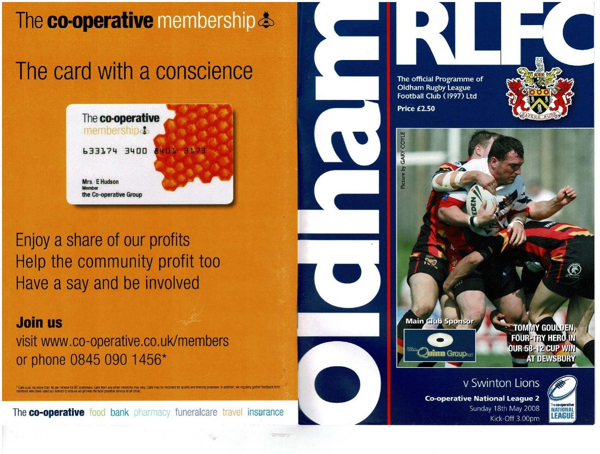 Programme cover: Oldham v Swinton Lions, 18 May 2008
