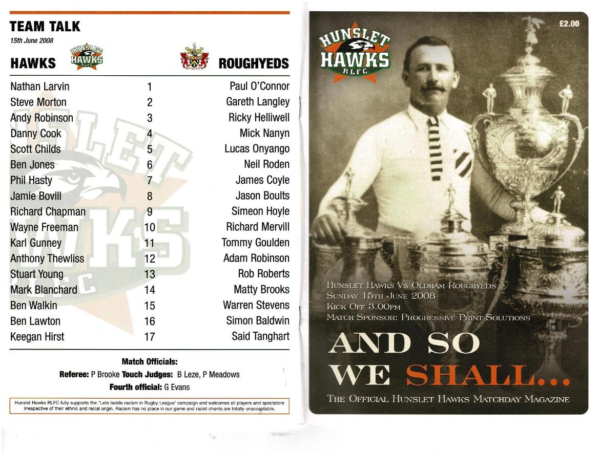 Programme cover: Oldham v Hunslet Hawks, 15 June 2008