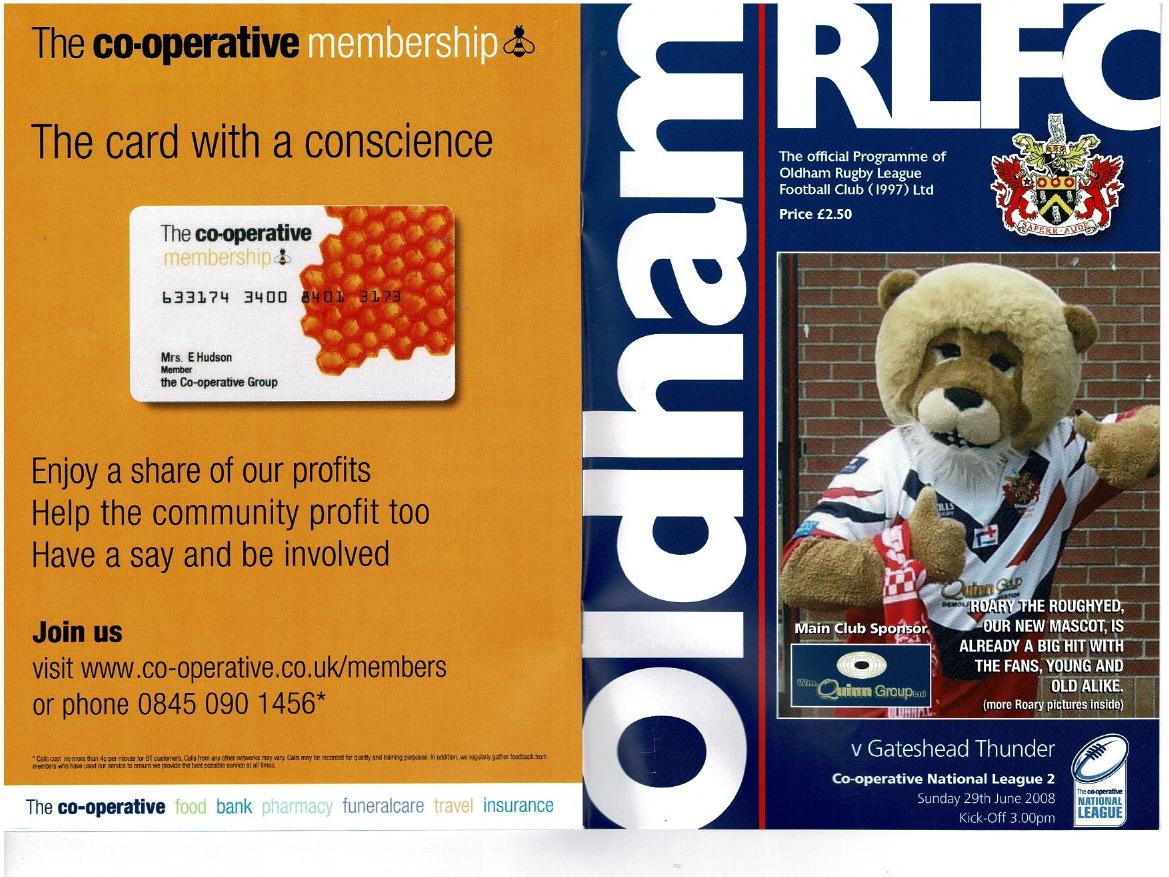 Programme cover: Oldham v Gateshead Thunder, 29 June 2008