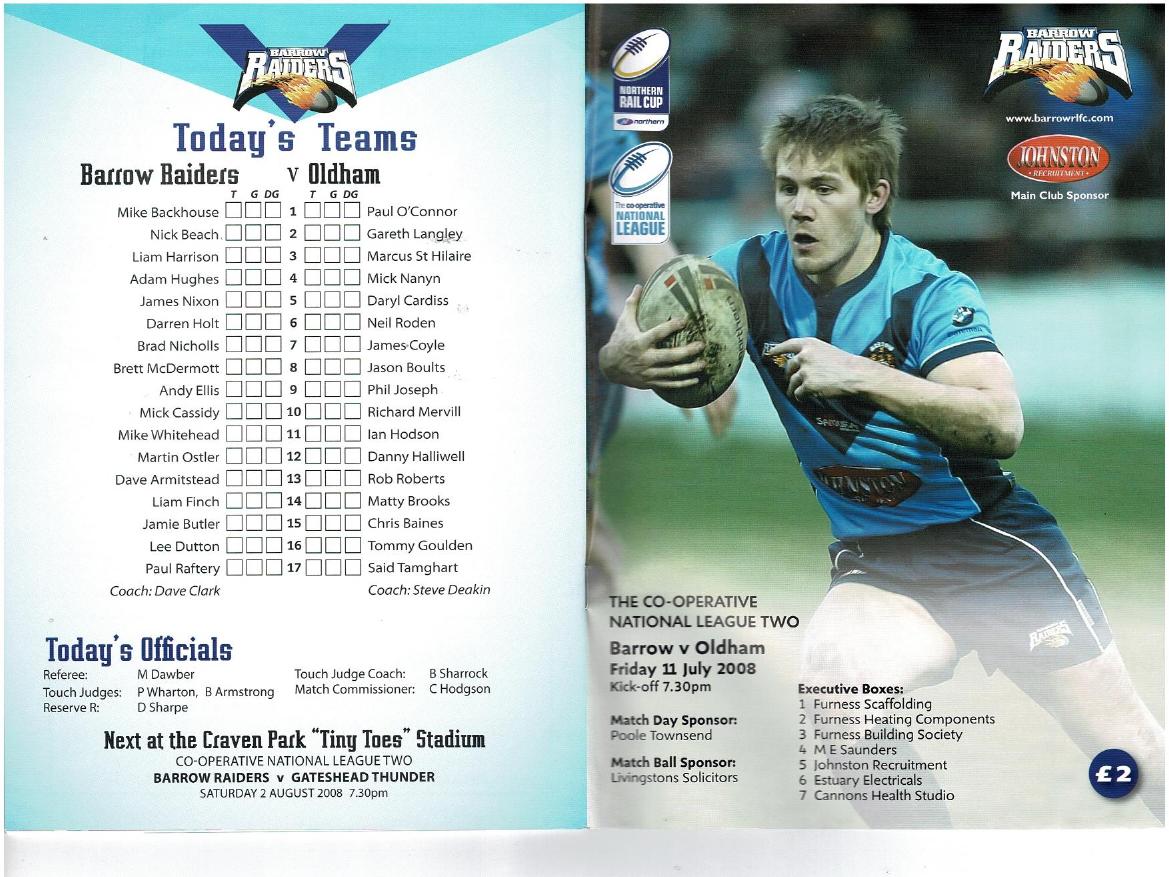 Programme cover: Oldham v Barrow Border Raiders, 11 July 2008