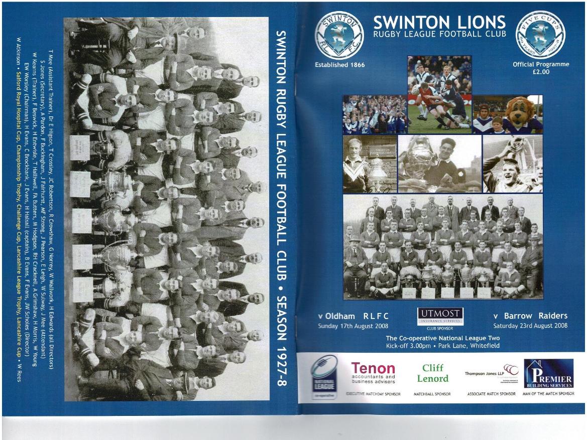 Programme cover: Oldham v Swinton Lions, 17 August 2008
