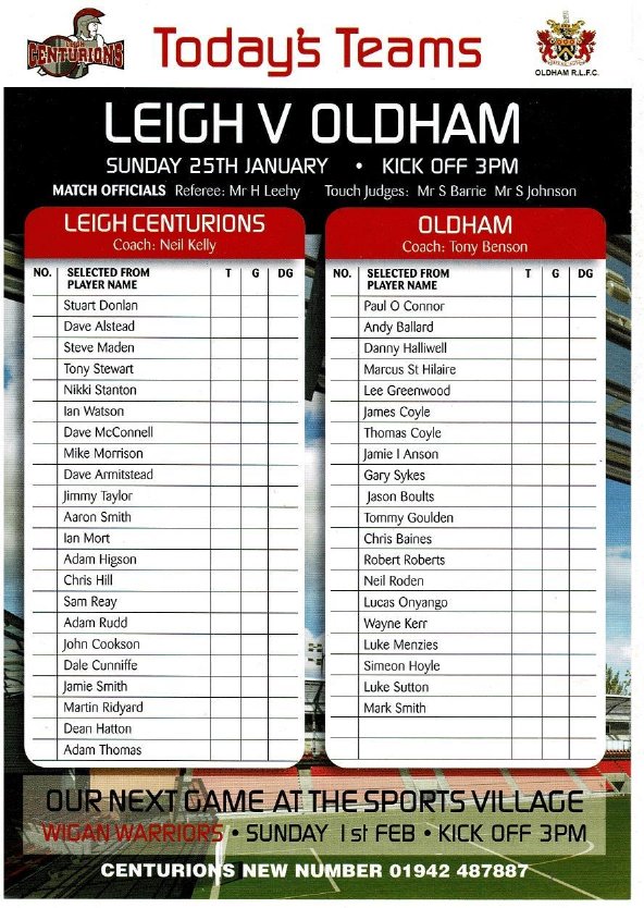Programme cover: Oldham v Leigh Centurions, 25 January 2009