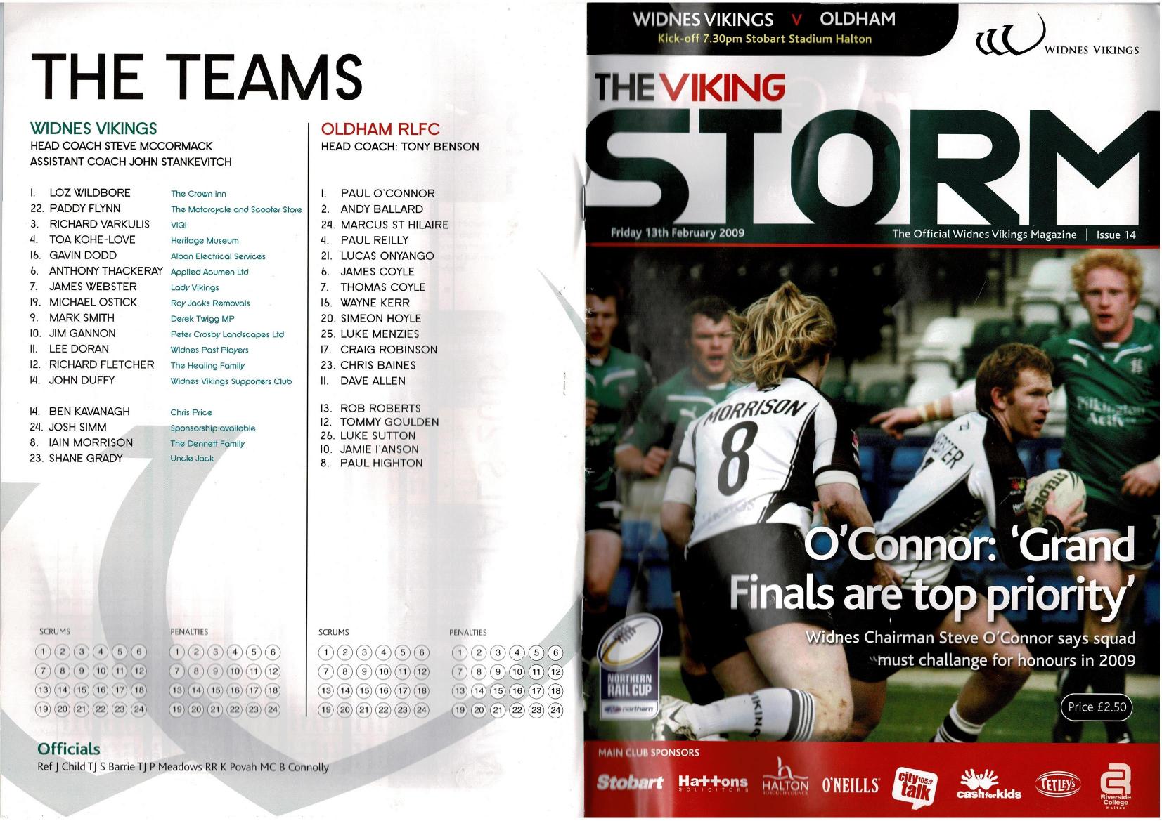 Programme cover: Oldham v Widnes Vikings, 13 February 2009