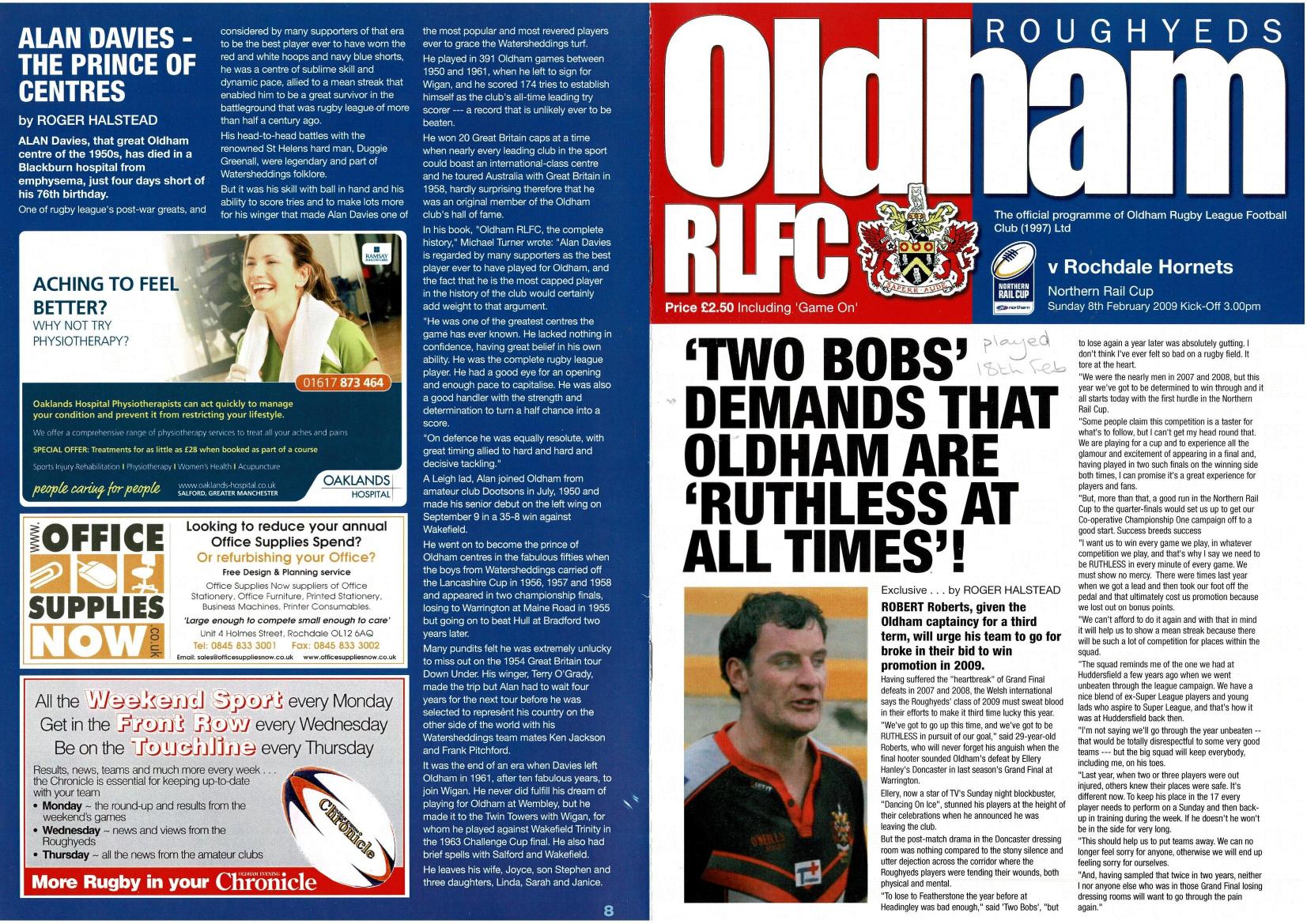 Programme cover: Oldham v Rochdale Hornets, 18 February 2009