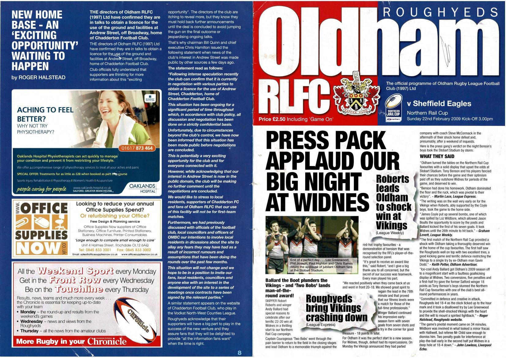 Programme cover: Oldham v Sheffield Eagles, 22 February 2009