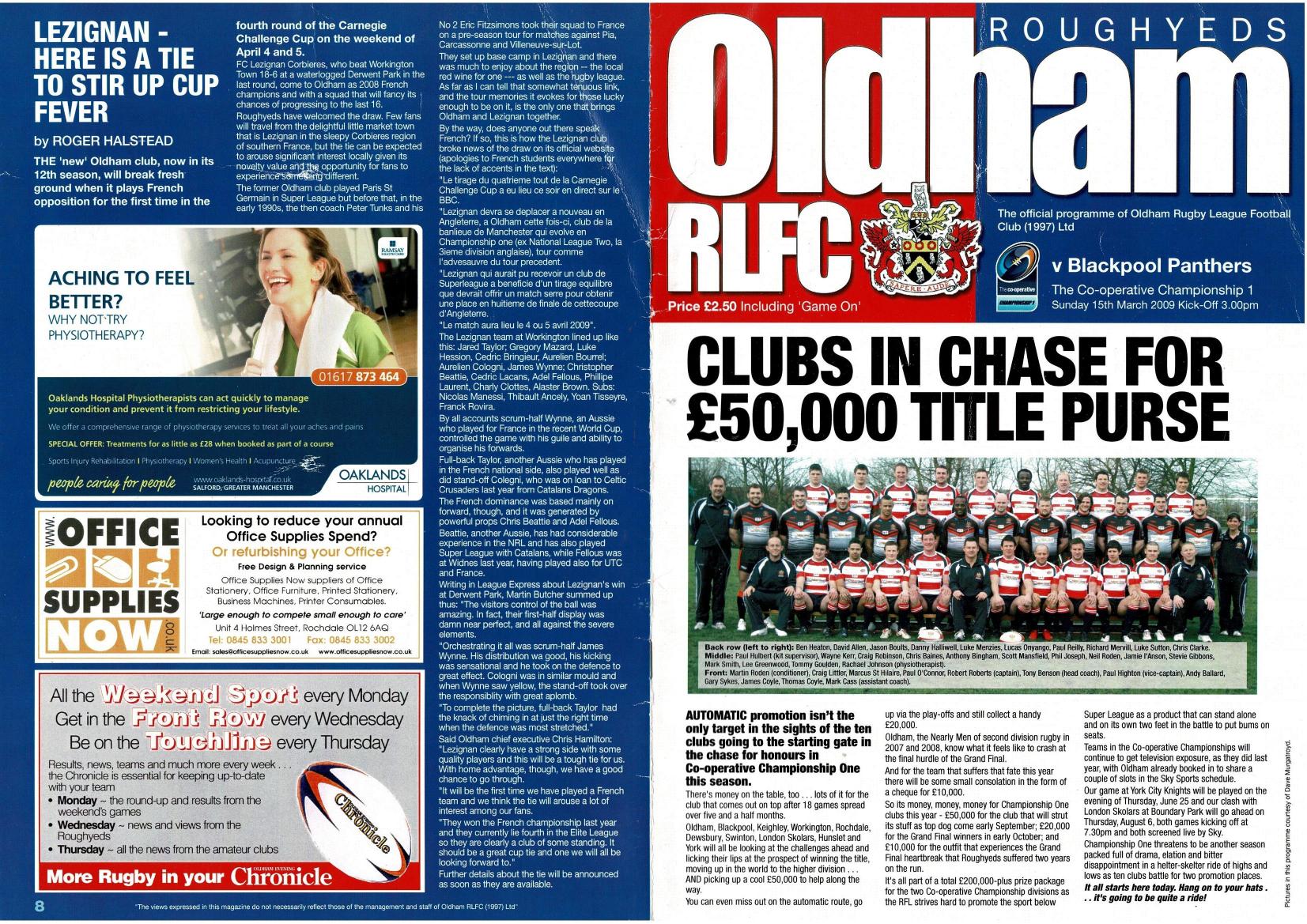 Programme cover: Oldham v Blackpool Panthers, 15 March 2009