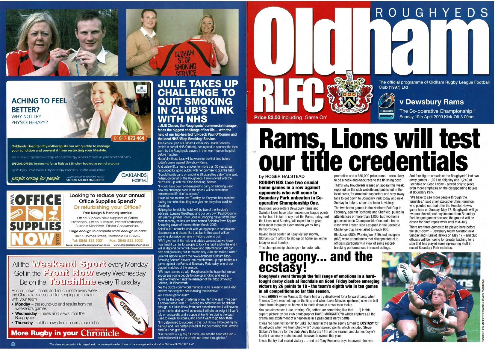 Programme cover: Oldham v Dewsbury Rams, 19 April 2009