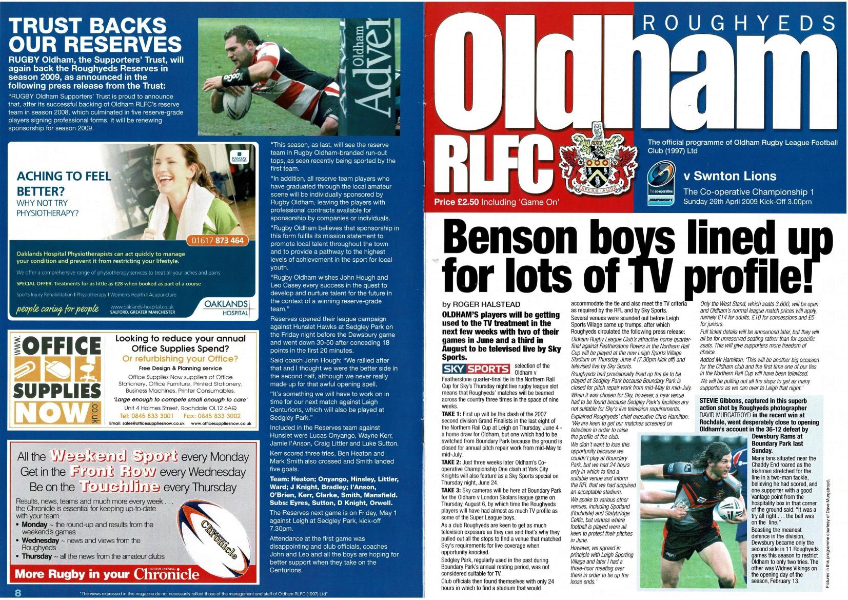 Programme cover: Oldham v Swinton Lions, 26 April 2009